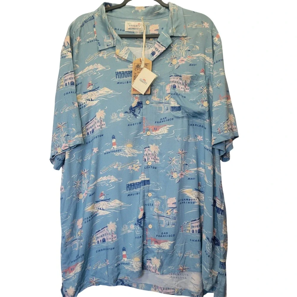 NEW Faherty Kona Camp Limited Tour Print Shirt Viscose Men XXL Resort Wear Beach